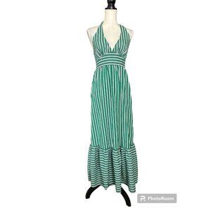 Jealous Tomato  Halter Neck Maxi Dress Green Striped  Open Back Ruffle Hem Sz S